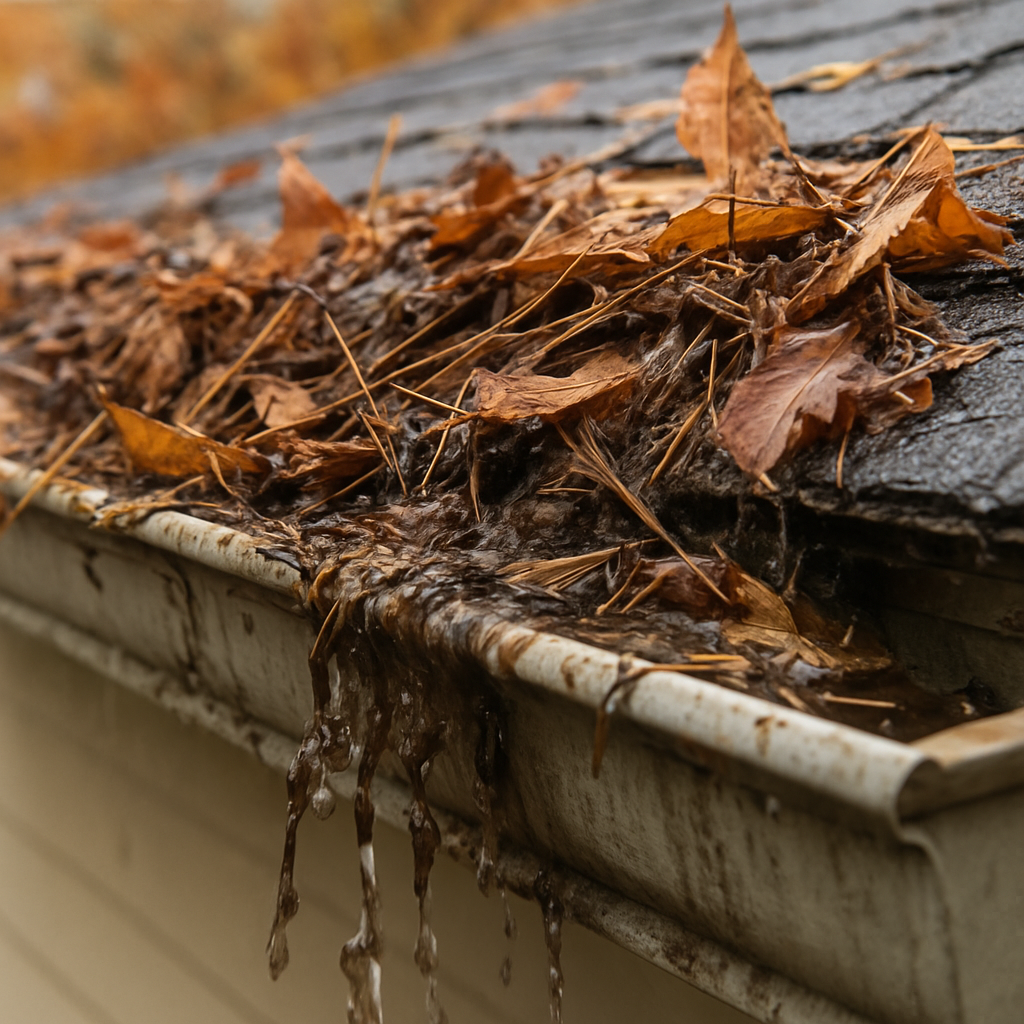 Clogged gutter overflowing with leaves and debris